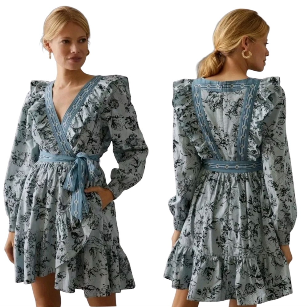 Anthropologie Ruffle Wrap Mini Dress Floral Long Sleeve Cottagecore Woma… - Picture 1 of 17